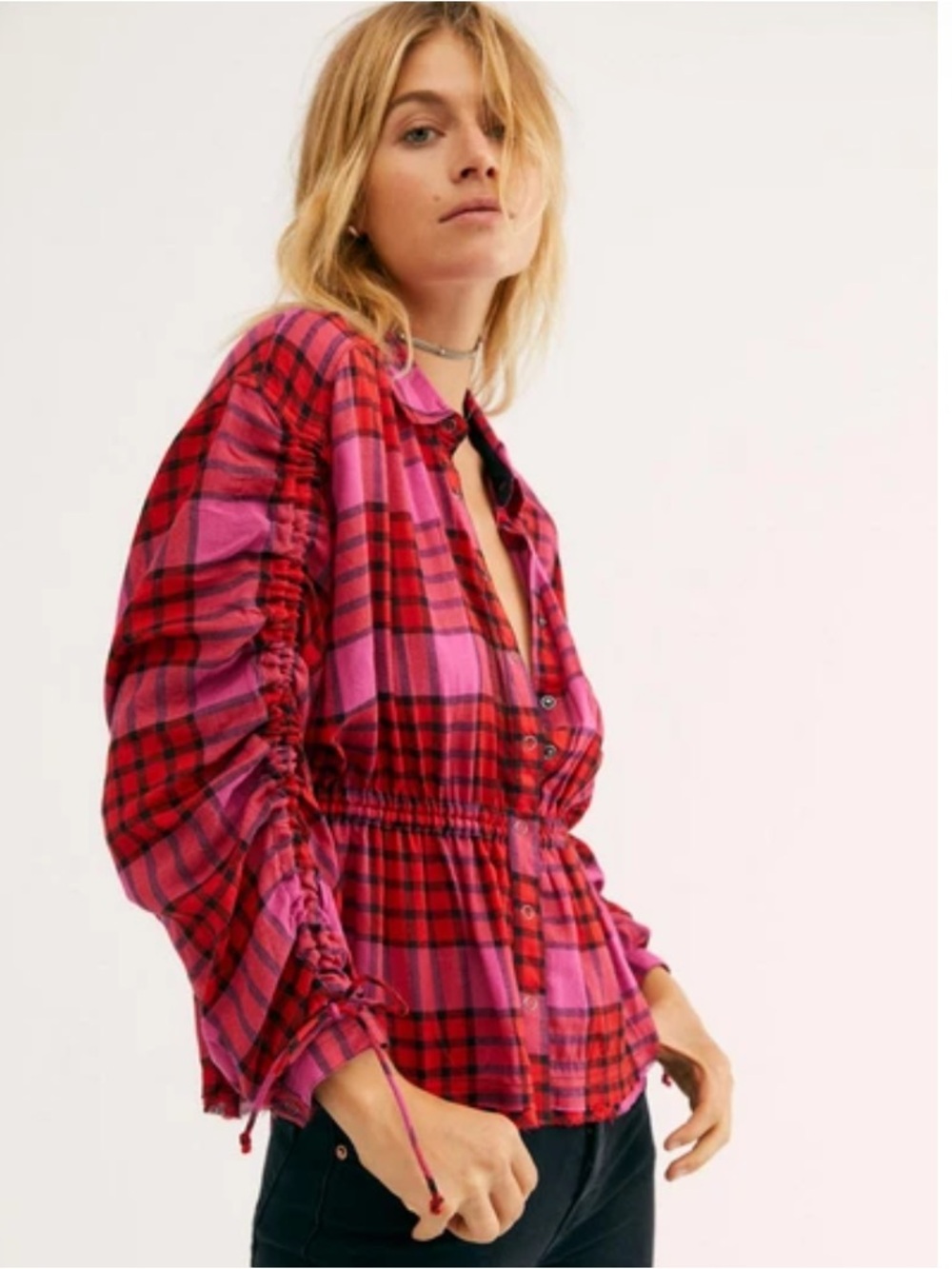 Free People Pacific Dawn Drawstring Plaid Shirt in Pink and Ree